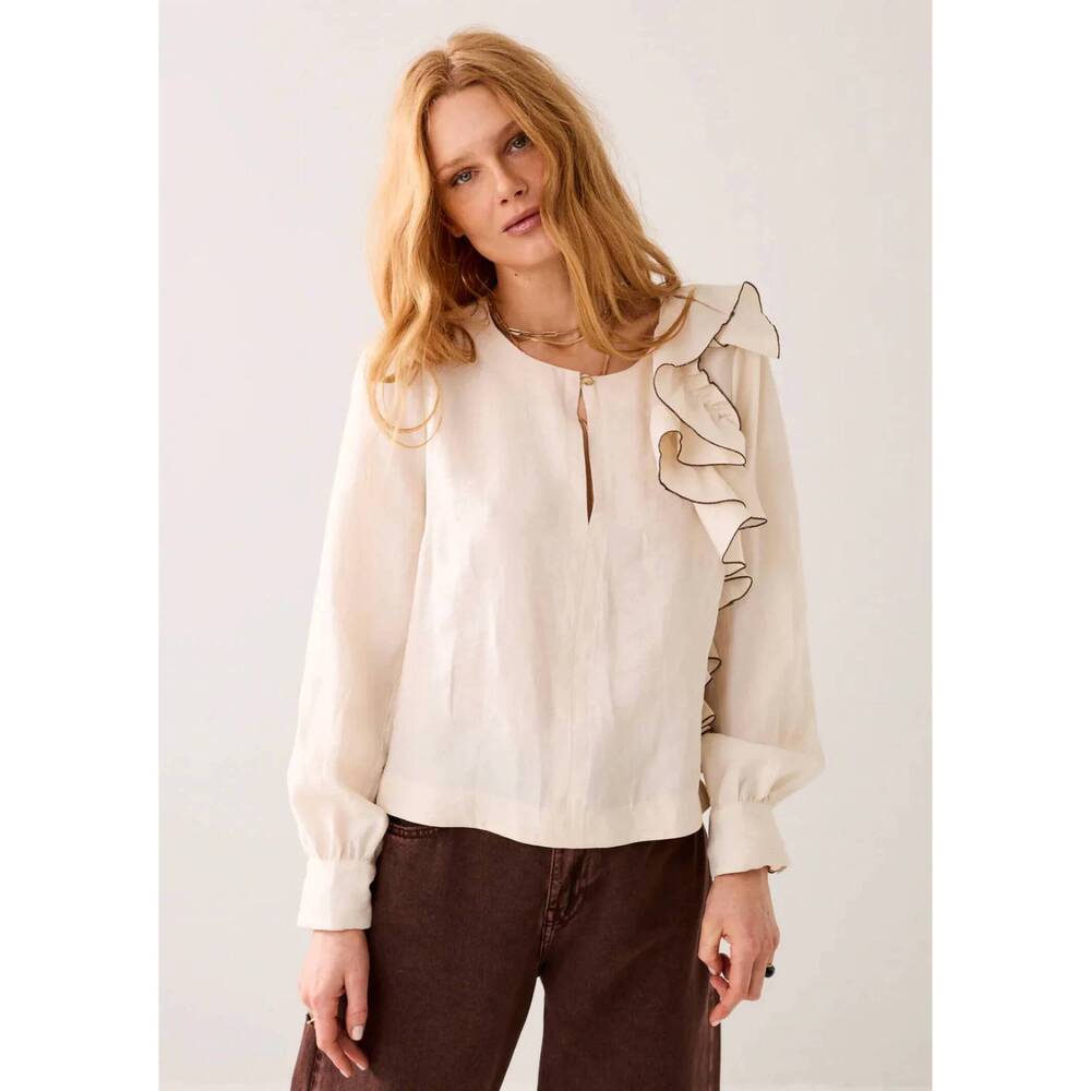 NEW SUMMUM linen blend top with ruffles in white